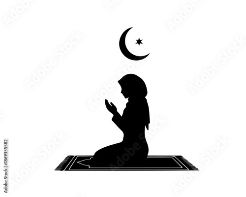 Muslim woman praying on prayer mat with crescent moon, silhouette isolated on transparent background