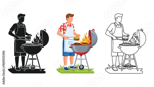 Man grilling burgers on an outdoor barbecue shown in color, silhouette, and outline styles