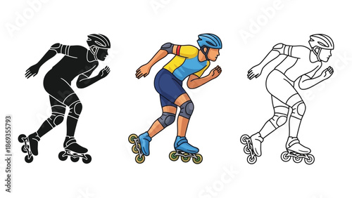 Set of three illustrations of a man rollerblading shown in silhouette, color, and outline styles