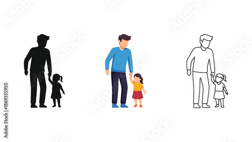 Father holding hands with his daughter shown in silhouette, color illustration, and outline styles