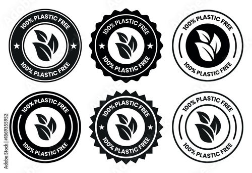 100 Percent Plastic Free Label and Icon Set with Zero Waste, Eco Friendly and Sustainable Packaging Badges in Black Line Flat Vector Style Isolated on White Background.