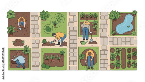 People gardening in a serene garden landscape with various plants and a pond