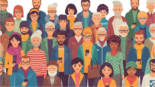 Diverse crowd of people standing together in a vibrant illustration