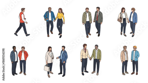 Diverse group of people walking together in various combinations and attire