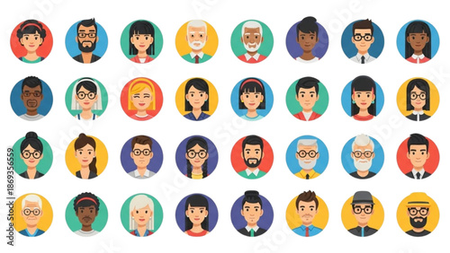 Diverse group of people represented through simple, colorful illustrations in circular frames on a white background from a straightforward viewpoint