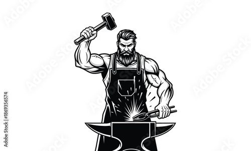 Strong muscular blacksmith hammering hot metal on anvil with sparks