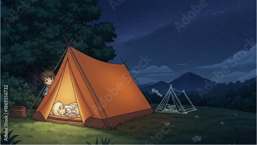 Camping scene at dusk in a serene mountain landscape with tents and trees