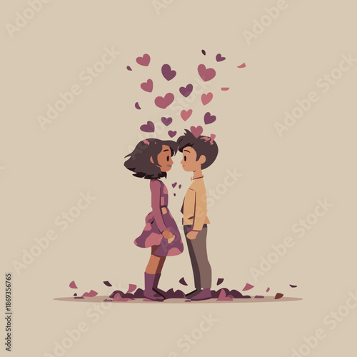 Young romantic couple standing face to face surrounded by floating hearts, symbolizing love, emotional connection, and tender affection in a soft minimalist illustration
