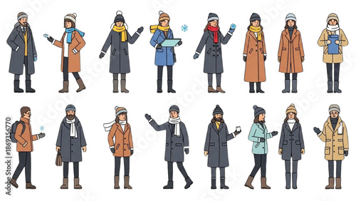 Illustrations of diverse individuals in winter attire walking and interacting in a snowy urban environment from various viewpoints