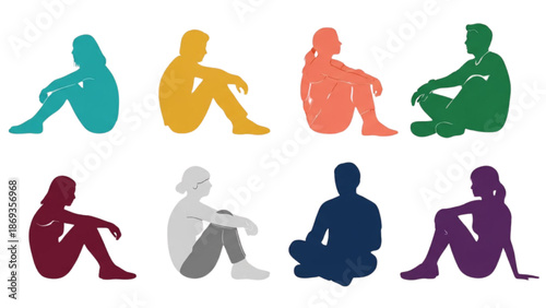 Diverse group of people sitting in various poses against a plain white background