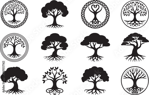 Assortment of stylized Celtic and natural tree of life silhouette icons celtic knot circle