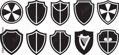 Assortment of Ten Black Silhouette Shields with Diverse Designs on White Background icon symbol