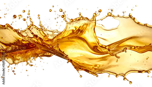 The image shows olive oil splattering violently on a white background