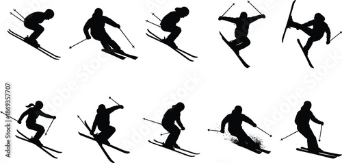 Freestyle skiing athlete silhouette vector set showing dynamic jumps and downhill action for winter sports graphics, outdoor adventure design and travel projects