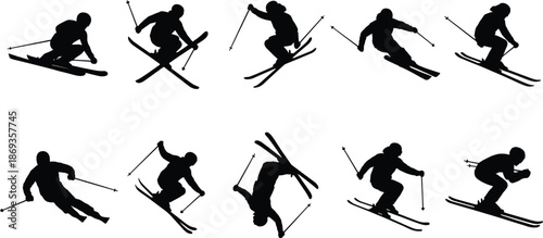 Freestyle skiing silhouette vector set featuring jump tricks, dynamic downhill motion and winter sports action for outdoor adventure graphics and travel projects