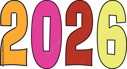 The raised text describes the number "2026" in an image that is presented in a playful and colorful bright orange deep pink warm red light yellow.