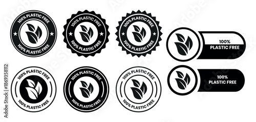 100 Percent Plastic Free Label and Icon Set with Zero Waste, Eco Friendly and Sustainable Packaging Badges in Black Line Flat Vector Style Isolated on White Background.