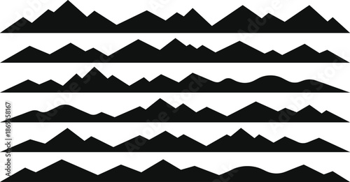 Mountain border silhouette vector set featuring outdoor nature peaks and scenic landscape lines for travel graphics, branding and creative design projects