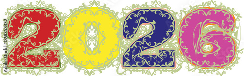 The raised text and image description indicate a creative red, yellow, blue, pink representation of the year "2026".