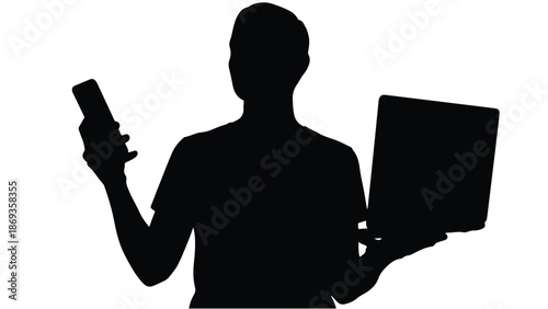 Silhouette of person holding smartphone and laptop in modern workspace with technology and communication concept