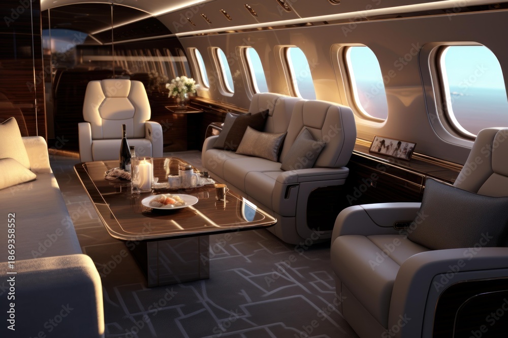 Fototapeta premium Lavish private jet cabin with luxurious furnishings, creating a comfortable travel experience