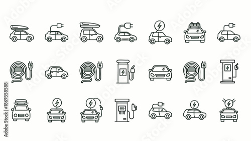 Electric vehicle and charging station line icons set. Sustainable transportation, eco-friendly cars, EV charging points, and future mobility vector illustrations.