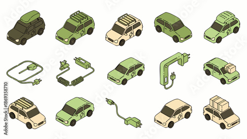 Isometric collection of electric vehicles (EVs) and charging infrastructure. Sustainable transport, eco-friendly cars, green energy, and future mobility.