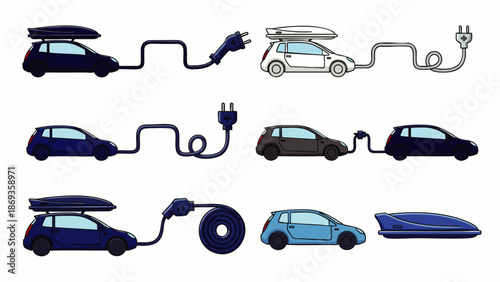 Collection of flat design electric cars with charging cables and roof boxes, illustrating sustainable transportation and green energy solutions for modern travel.