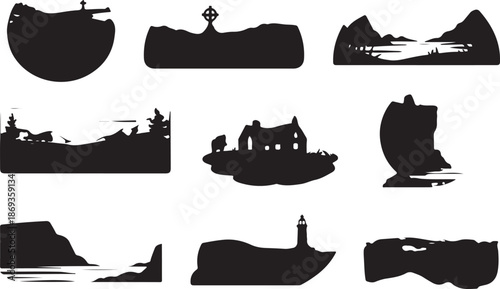 Black Silhouette Landscapes Of Irish Scenery Including Mountains Coastline Lighthouse And Cottage Keywords: ireland, irish, landscape, scenery, silhouette, black and white, mountain, coast
