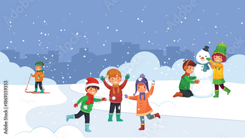 Cheerful winter illustration of children playing in snow, building a snowman, skiing, and skating in a snowy park with city skyline. Cute cartoon kids enjoying winter activities and holiday fun during