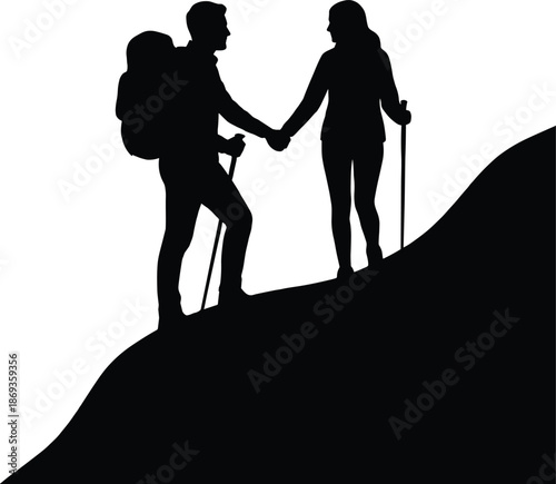 Silhouette of couple hiking together on a mountain trail holding hands, symbolizing adventure, teamwork, love, outdoor lifestyle, and nature exploration.