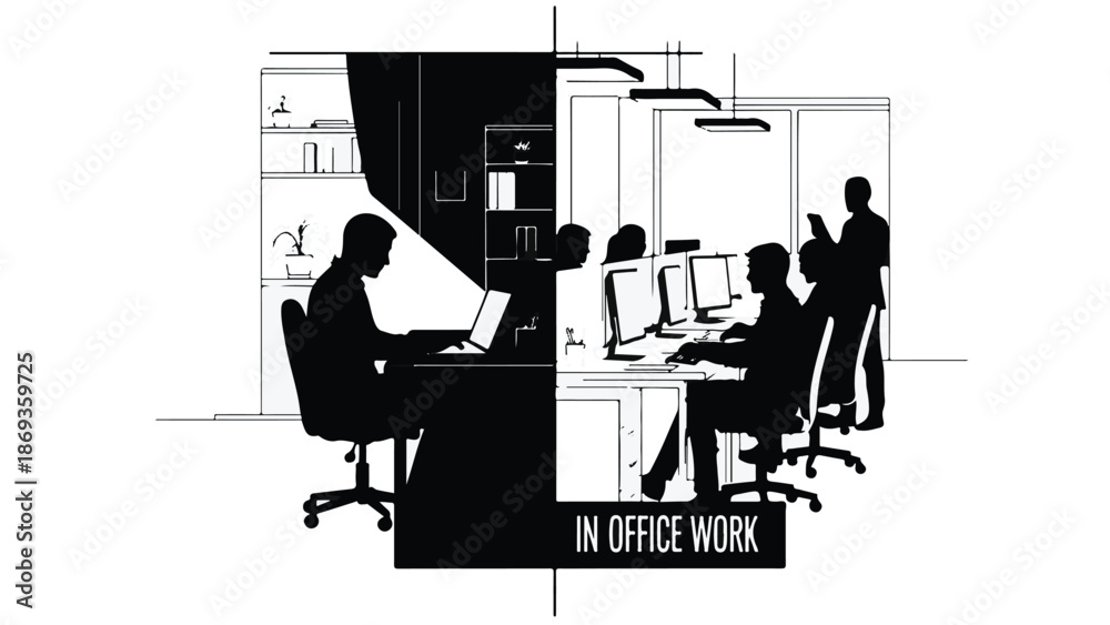 Fototapeta premium Office workers sitting at desks in modern corporate office space with computers and coworkers in background, professional business workplace scene