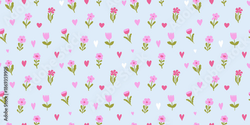 Vector seamless pattern, abstract hand-drawn quirky doodles,  love theme wallpaper, Valentine's day decorative wrapping paper and textile background with hearts and flowers