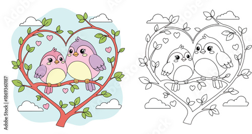 Cute cartoon birds couple sitting on heart shaped branch coloring book page. Vector illustration of lovebirds outline and colored version for kids activity.