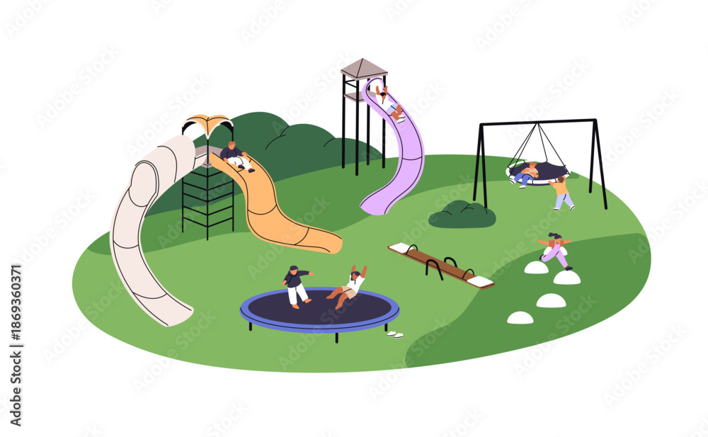 Fototapeta premium Kids play on playground in kindergarten. Children ride on slide, rope swing, jumping on trampoline in the park. Little girls and boys have fun outdoors. Flat isolated vector illustration on white