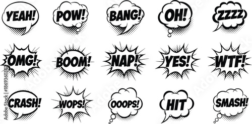 Comic speech bubbles, pop art style, expressive sound effects, black and white design, retro comic elements, flat vector illustration