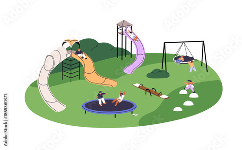 Kids play on playground in kindergarten. Children ride on slide, rope swing, jumping on trampoline in the park. Little girls and boys have fun outdoors. Flat isolated vector illustration on white