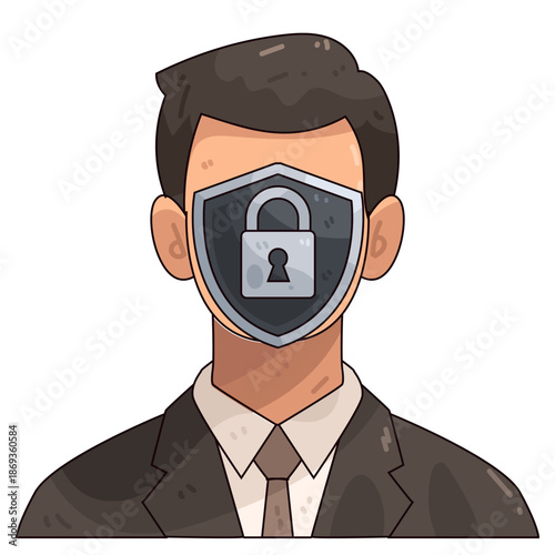 A cartoon businessman with a shield covering his face has a lock on it.