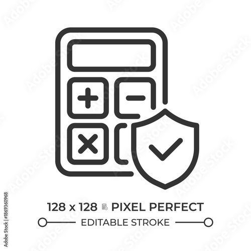Secure calculation pixel perfect line icon. Calculator with a verified shield. Financial tools, data management. Isolated vector illustration. Outline symbol. Simple linear drawing. Editable stroke