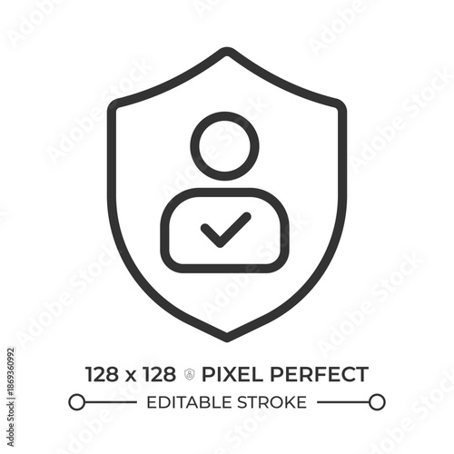 Verified personal information pixel perfect line icon. User protection, personal security. Verified account. Isolated vector illustration. Outline symbol. Simple linear drawing. Editable stroke