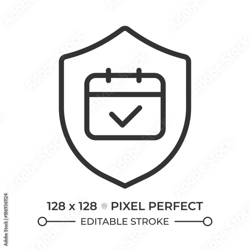 Secure scheduling pixel perfect line icon. Shield with a calender. Insurance period, warranty validity. Isolated vector illustration. Outline symbol. Simple linear drawing. Editable stroke