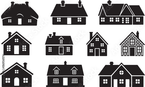 Collection of Black House Silhouettes with Various Roofs and Windows on White Background Keywords: house, home, building, architecture, silhouette, icon, residential, dwelling, cottage, property