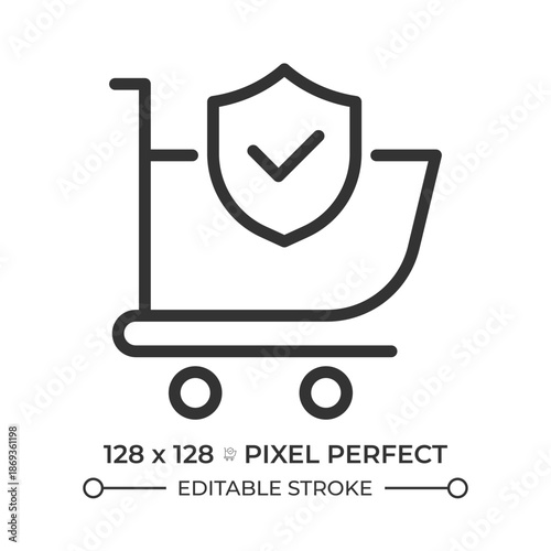 Online purchases security pixel perfect line icon. Shopping cart with approved mark. Customer service. Isolated vector illustration. Outline symbol. Simple linear drawing. Editable stroke