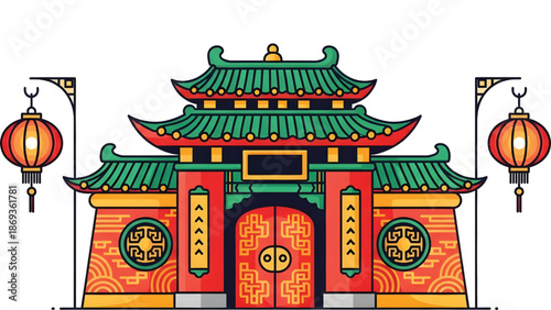 Modern cartoon style Chinese gate vector illustration
