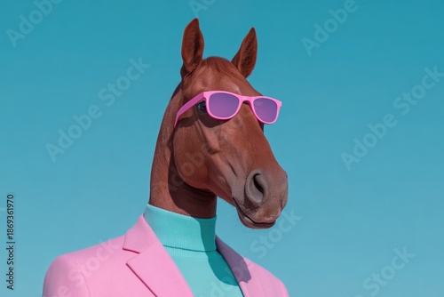 Horse wearing sunglasses and pink suit stands against blue sky in a playful scene