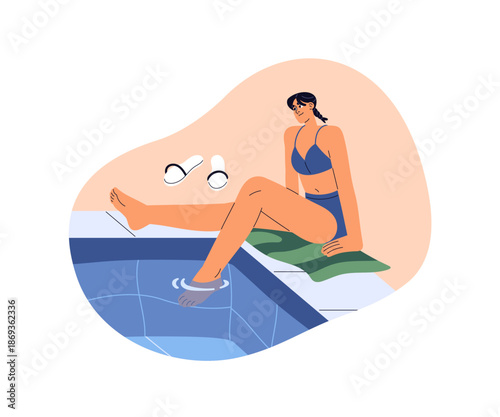 Happy girl sits poolside with her legs in water. Young woman is sunbathing near swimming pool. Tourist is relaxing at resort in summer vacations, holidays. Flat isolated vector illustration on white