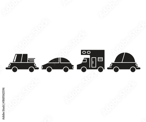 pickup car, motorhome and sedan car icons set vector