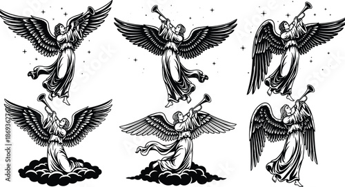 Angel trumpet silhouette set with wings, robes, stars, flying and kneeling poses, black celestial vector, spiritual illustration