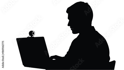 Man working on laptop computer with webcam in dark silhouette isolated on white background for online meeting or remote work concept
