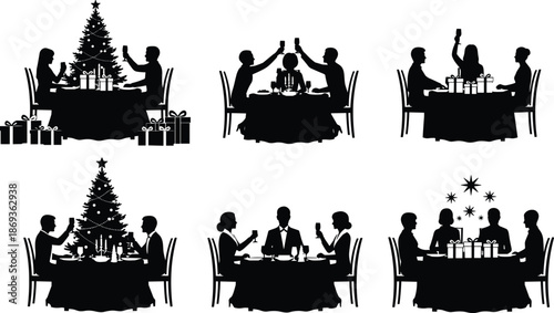 Christmas dinner silhouette set with people, festive table, gifts, candles, tree, celebration vector, holiday gathering illustration